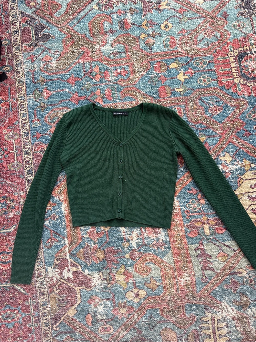 Brandy Melville Forest Green Ribbed V-Neck Cropped Cardigan